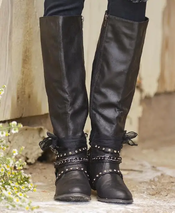 Сапоги до колена высокие сапоги женские зимние сапоги в винтажном стиле; искусственная кожа Дамская обувь на низком каблуке, сапоги с заклепками для верховой езды размера плюс botas mujer chaussures femme