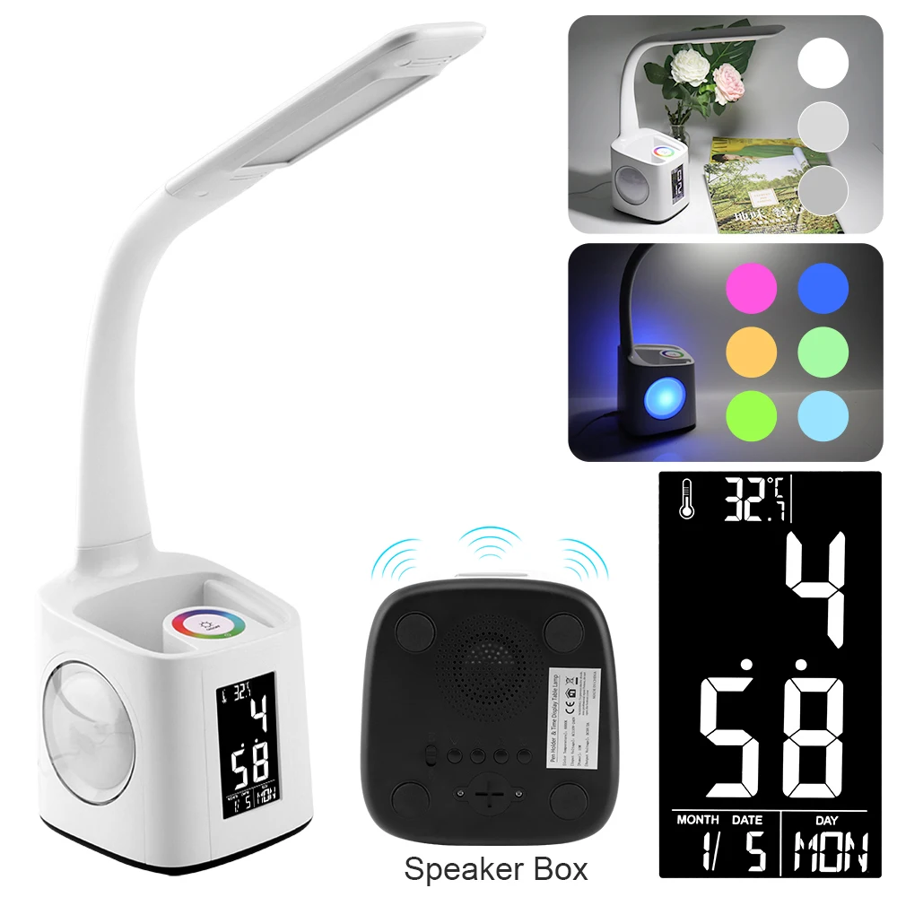 

Multifunctional LED Desk Lamp with Alarm Clock Calendar Music Player Speaker Box Color Atmosphere Lamp Dimmable Reading Light