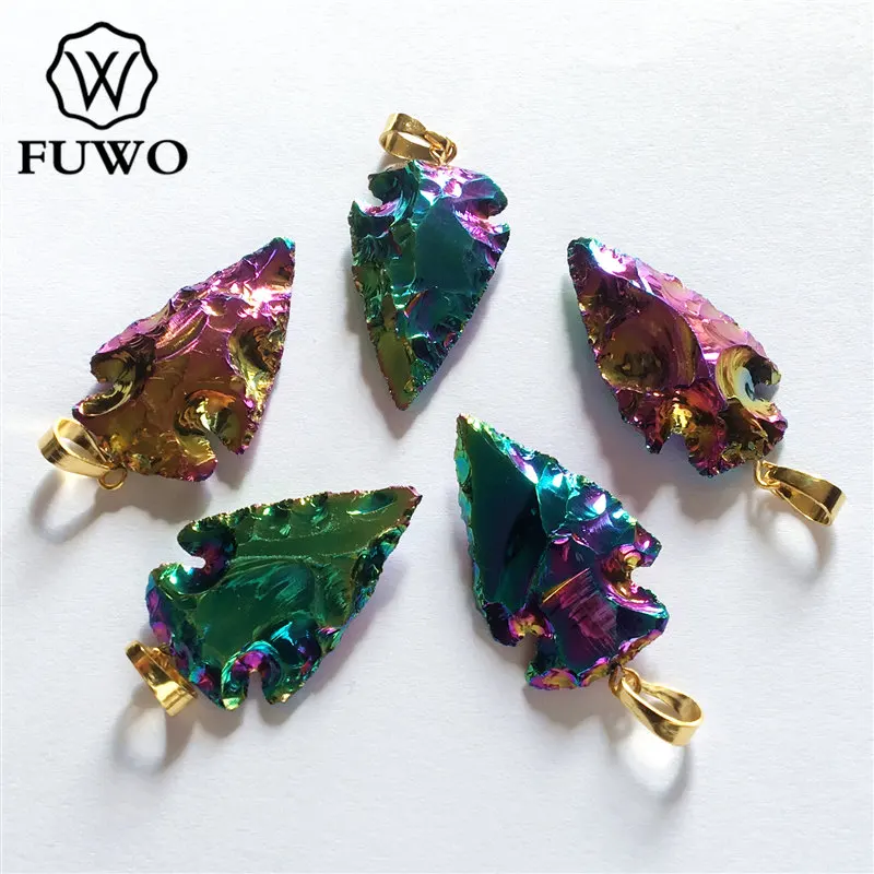 FUWO Fashion Titanium Plated Obsidian Pendant,Gorgeous Rainbow Aura Crystal Arrowhead Jewelry For Necklace Making 5Pcs/Lot PD223 2