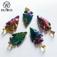 FUWO Fashion Titanium Plated Obsidian Pendant,Gorgeous Rainbow Aura Crystal Arrowhead Jewelry For Necklace Making 5Pcs/Lot PD223 2