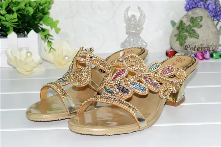 2016 Summer New Golden Korean Style Fashion Luxury Sandals Diamond Elegant Thick High Heel Sandal Shoes Women Slippers-5