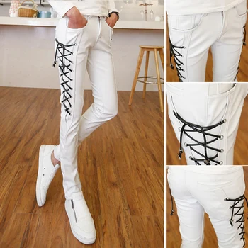 

Autumn Winter Pencil Pants For Men Harem Hip Hop bandage Casual Punk slim Faux Leather Patchwork Mens Skinny Pants