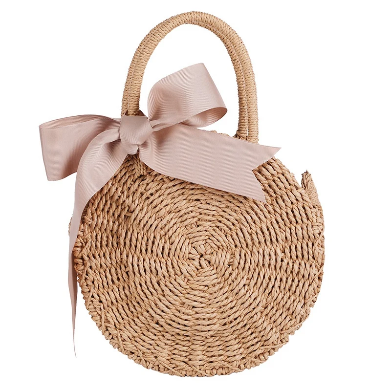 

FGGS-New Summer Beach Wind Cute Bow Crossbody Woven Bag Handmade Crochet Round Straw Bag Female Bag Beach Bag Khaki