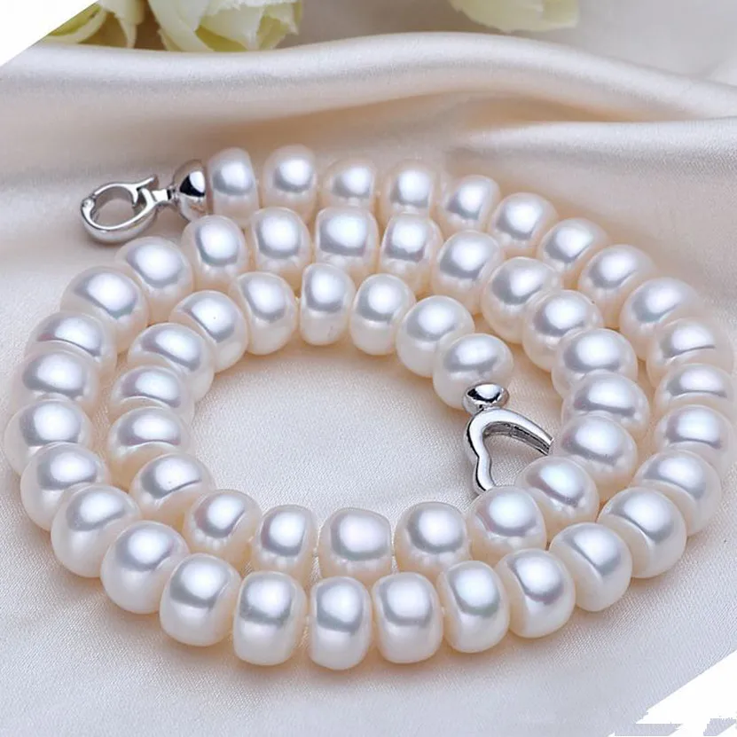 9-10 mm Real Freshwater Pearl necklace with Heart Clasp silver Plated Mother's Gift