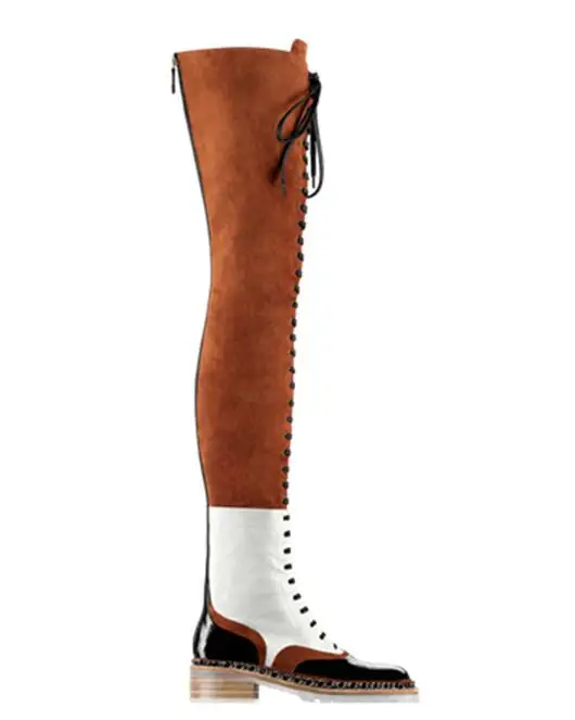 

Top Quality Brown Mix Color Lace-up Flat Over The Knee Boots Metallic Chains Sole Women Ridding Boots Women Size 34-42 Free Ship