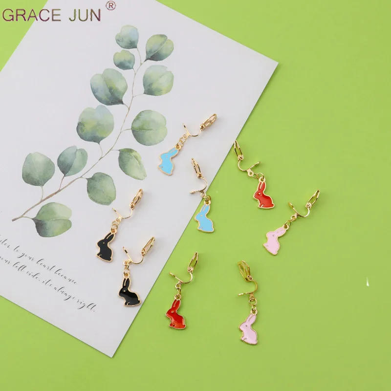 

GRACE JUN Korean Mini Rabbit Clip on Earrings for Girl Without Pierced Ear Clip Female Simple Small Animal No Ear Hole Earrings