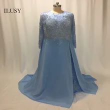 ILUSY синий платье для выпускного вечера с жемчугом ручной работы с длинным рукавом вечернее выпусквечерние платье vestido de festa