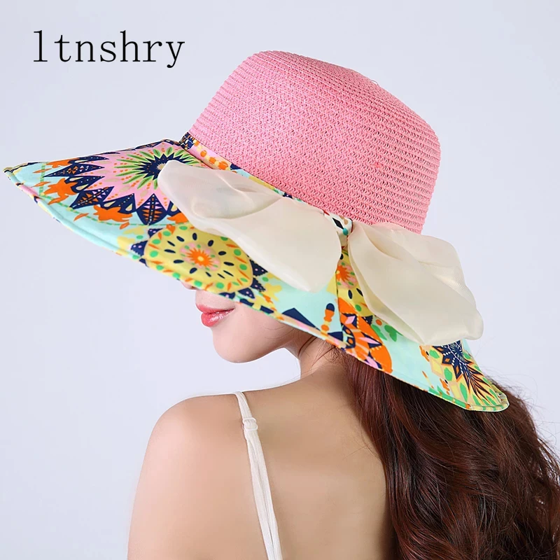 

2019 Summer Women Textile Patchwork Wide Brim Sun Hat Bowknot Flowers Bloomed Big Beach Straw Chapeau Breathable Panama Hats