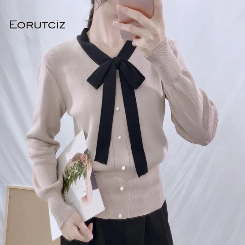 

EORUTCIZ Spring Bow Cardigan Women Tunic Sweater Knitted Short Slim Top Autumn Casual Long Sleeve Black Basic Tops LM218