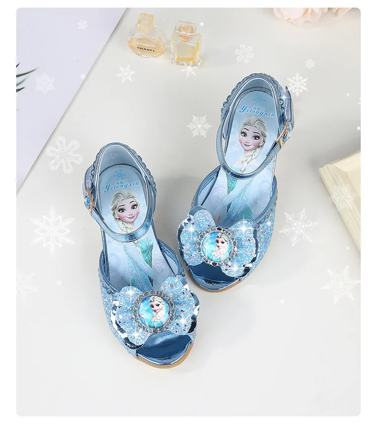 disney новые летние для девочек босоножки Туфли для принцессы детская обувь на высоком каблуке Замороженные рыбий рот обувь хрустальные блестки женская