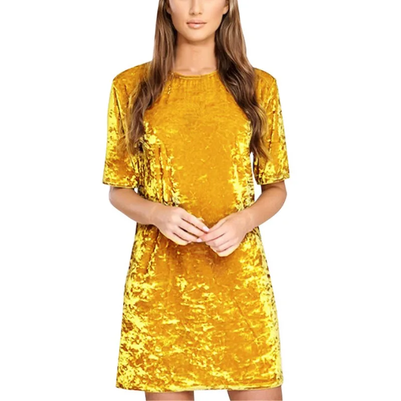 Весна лето вельветовое платье женское с коротким рукавом повседневное мини облегающее женское вечернее платье атласное расклешенное винтажное платье-рубашка - Цвет: Золотой