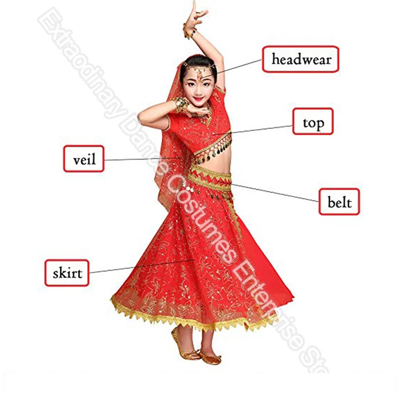 Костюм для танца живота, комплект Болливуда для девочек, индийские женские танцевальные сари для танца живота, шифон, 5 шт.(головной убор, вуаль, топ, пояс, юбка