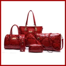 Las mujeres Bolsos de Hombro de Moda de Estilo Chino de Asas Casual Femininas bolsas Elegante Bolsa 6 Unids/set Floral Bolsos de Cuero de Alta calidad