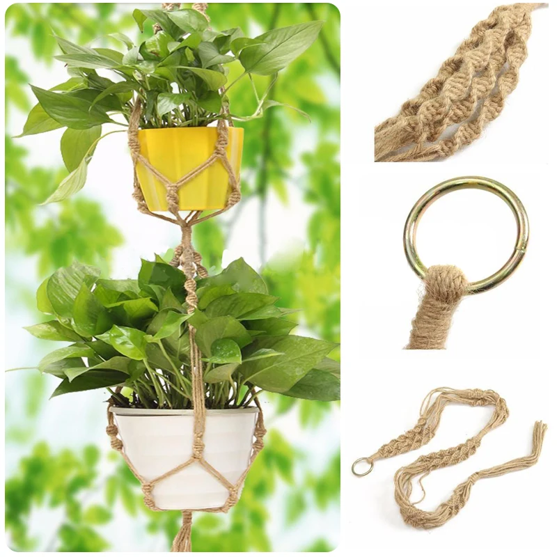 JX-LCLYL 125cm Dark Jute Double Macrame Plant Hanger 2 Tiers Plant Pot Hanging Holder