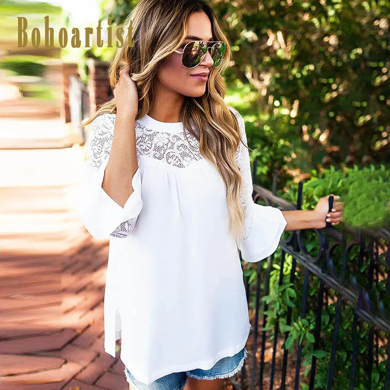 Bohoartist Boho Женская Белая Кружевная блуза с круглым вырезом летние топы Лоскутная