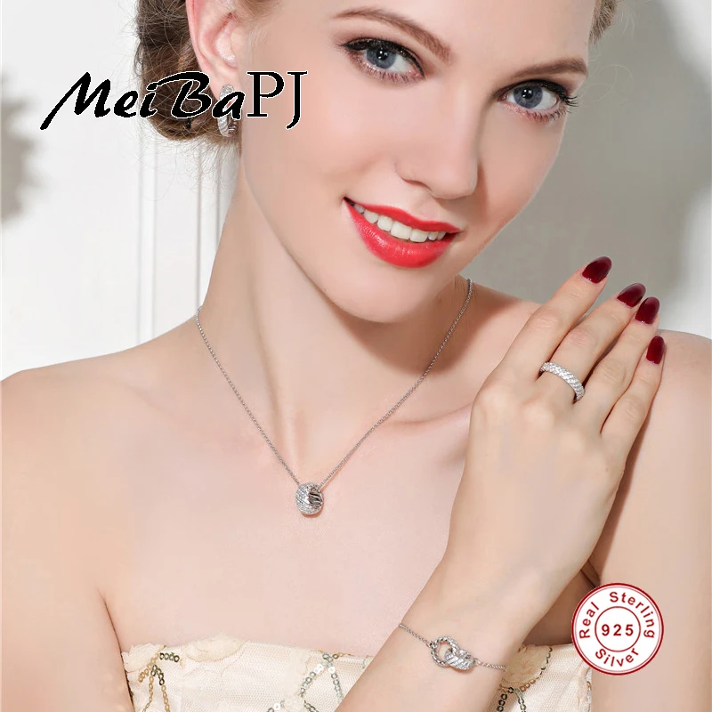 [MeiBaPJ]Very Fashion Round Necklace+Earrings+Ring+Bracelet High Quality Zircon S925 Sterling Silver Set for Women Fine Jewelry