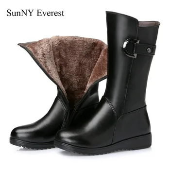 

SunNY Everest boots woman winter leather cow plush shoes Mid-calf wedges 5cm lady boots zipper botas de mujer black 35-43 us12