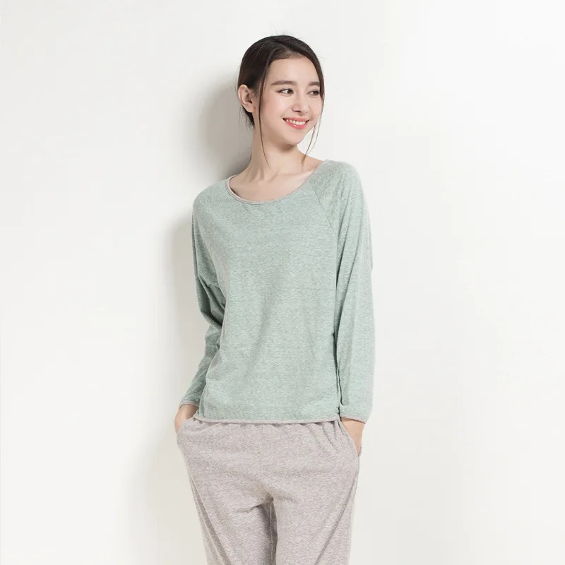 

Simple solid pajamas for girls long sleeve round neck loose home suit knitting pajamas set women