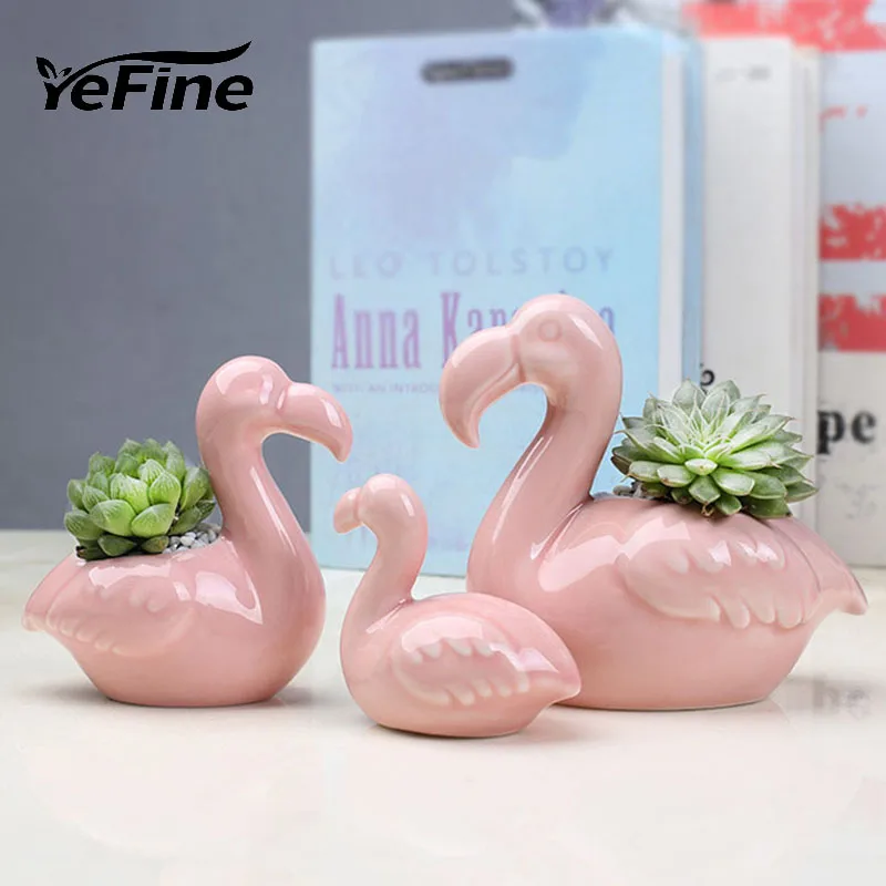 

YeFine Cartoon Ceramic Flower Pot Decorative Flamingo Animal Planter Flowerpot Small Succulent Plant Pot Office Desktop Decor