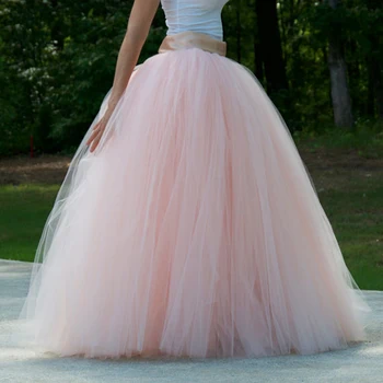 

Romantic Puffy Tulle Pink Skirt Ribbon Sashes Prom Party Bridal Formal Maxi Gowns Girl Skirts Saia Garden Vintage Vestidos Longo