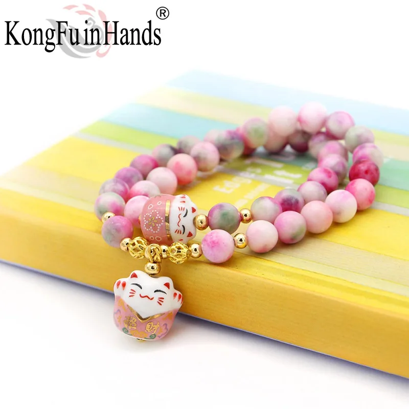 

Colorful stone beads bracelet lucky cat pendant Double circlemultilayer bracelet fashion jewelry Birthday gift free shiipping