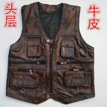Осень/Зима из воловьей кожи с накладкой спереди кожаный жилет для мужчин жилет кожаный жилет с карманами