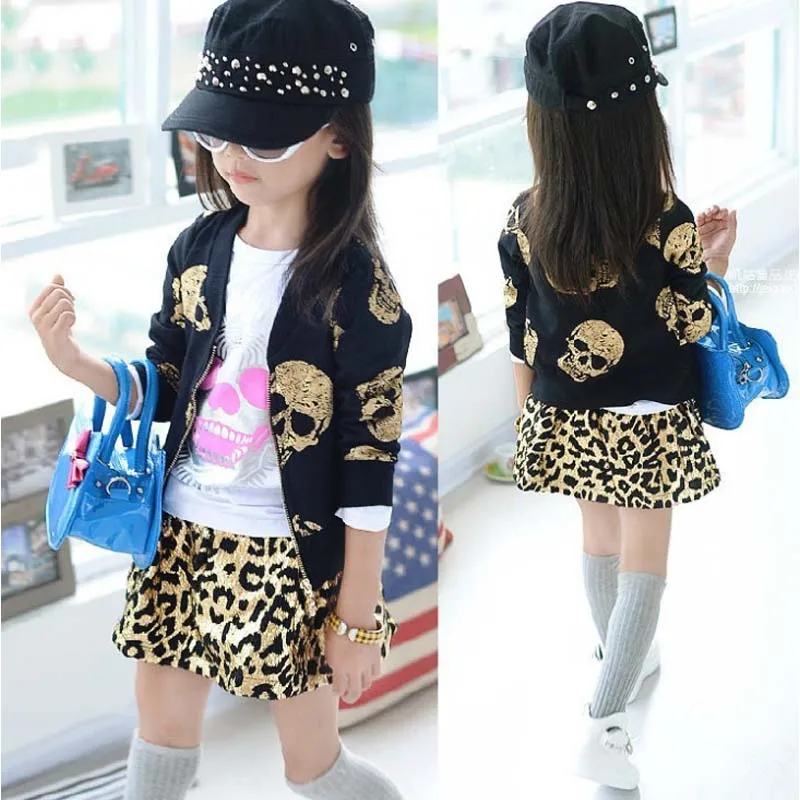 

Girls Clothes Hot Stamping Skull Print Leopard Girls Coats+ Dress Skirts Two Piece Children Clothing Set 4-15Years Kids Clothes