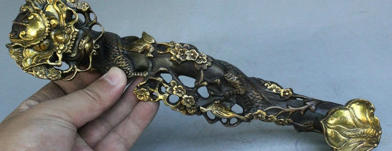 

11" Old China FengShui Bronze Gilt Wealth RuYi Dragon Bird Magpie Plum Statue