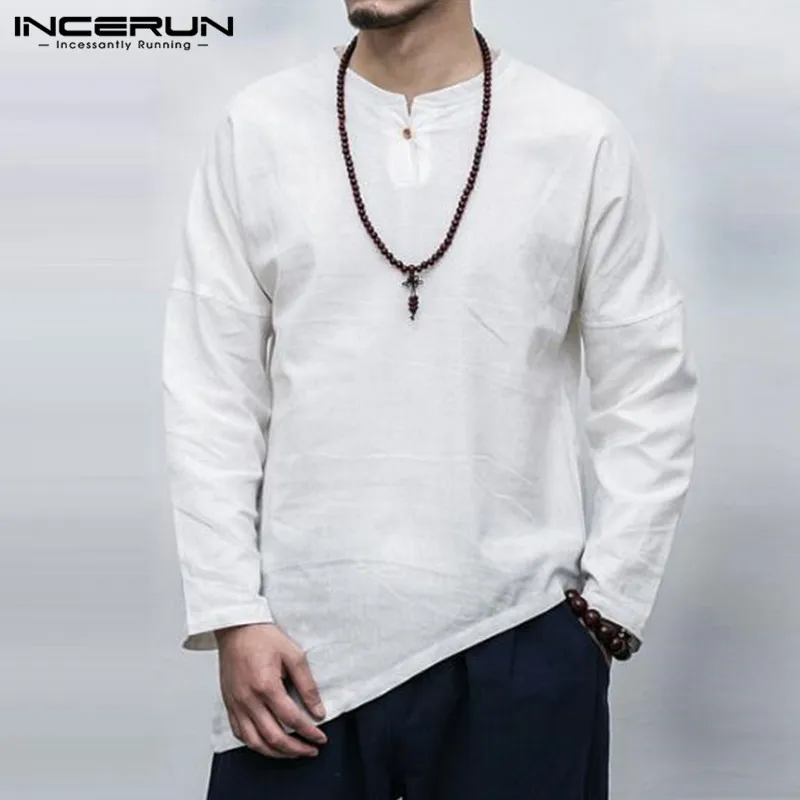 INCERUN/Мужская Повседневная рубашка в стиле ретро с длинными рукавами, однотонные Необычные топы, рубашка в китайском стиле, мужская хлопковая винтажная рубашка Camisa Masculina 5XL