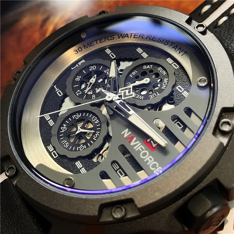 NAVIFORCE Men's Fashion Sports Watches Waterproof Leather Strap Creative Analog Quartz Wristwatches Men Clock Relogio Masculino megir men creative fashion quartz wristwatches luxury top brand waterproof sports watches leather strap clock relogio masculino