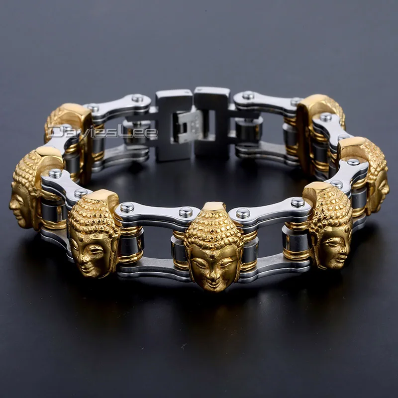 

Davieslee 21mm Wide 7 Gold-color Buddha Heads Biker Motorcycle Chain 316L Stainless Steel Bracelet Boys Mens Jewelry DLHB451