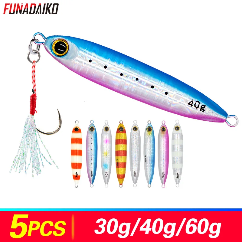 

FUNADAIKO 5pcs shore casting jig lures 30g/40g/60g boatfishing slow jigging metal bait glow luminous jig