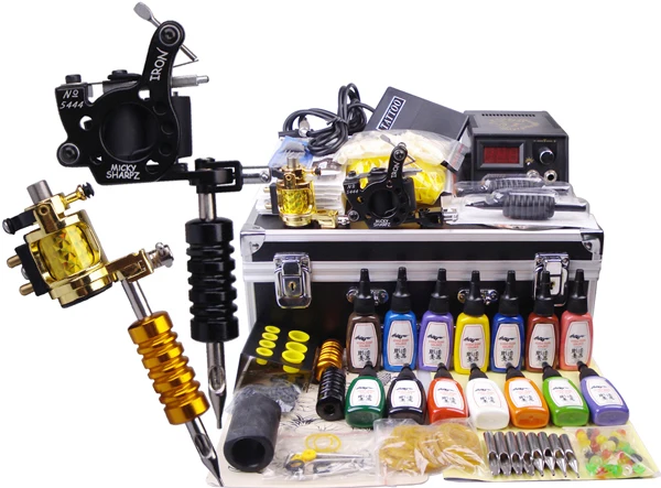 

Complete 2 Gun Tattoo Kits Professional Machine Equipment Teaching CD Ink Needles Power supply For Beginners Body with Carry Box