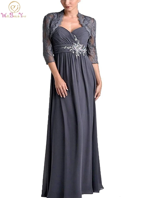 

Gray Chiffon Mother of the Bride Dresses A-line Spaghetti Straps Sleeveless Backless With Lace Appliques Jacket Beading Waist