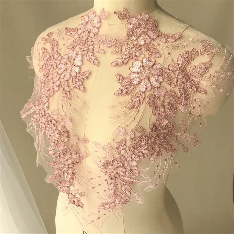 Description Picture 6 of item1Mirror Pair/ 2Pcs Sequins Wedding Dress Body Piece Head Ornaments Lace Applique Wedding Dress DIY Lace Accessories 42X20cm