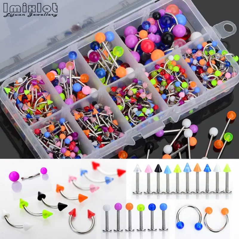 

45Pcs Mixed Acrylic Spike/Ball Navel Eyebrow Lip Tongue Ring Nose Rings Studs Belly Piercing Barbell Body Jewelry Wholesale