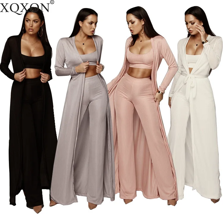 

New Women Knitted 3 Piece Set Spaghetti Strap Crop Top High Waist Pant Long Sleeve Cardigan Overcoat Belt Knitwear Streetwear