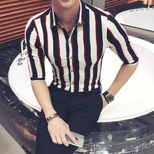 Мужская полосатая рубашка с коротким рукавом, летняя модная нарядная рубашка большого размера, мужская повседневная рубашка на выпускной