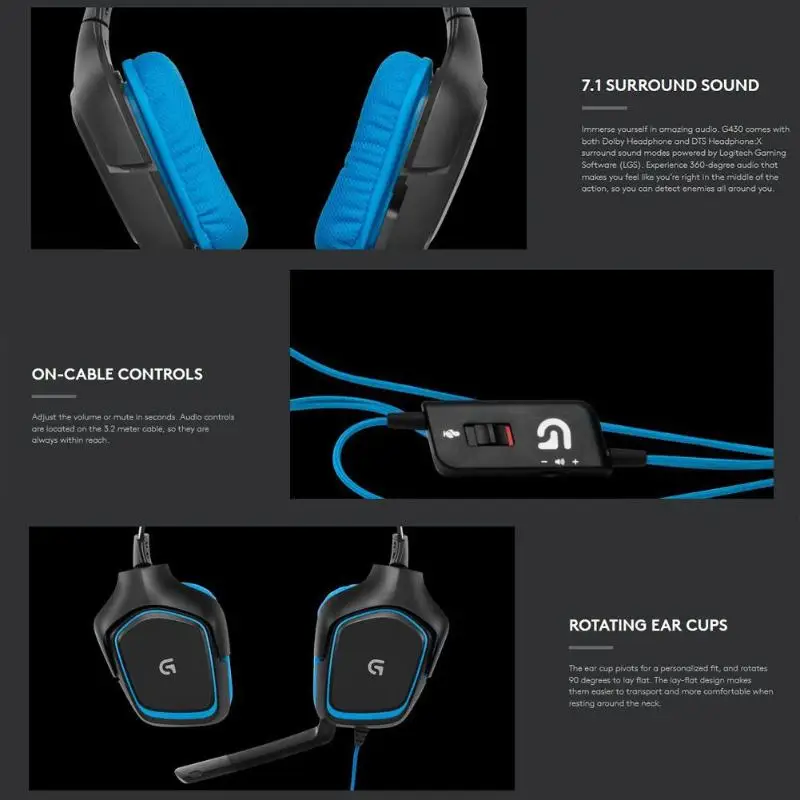 Игровая стереогарнитура logitech G430 7,1 с объемным звучанием, проводные наушники с USB, регулируемые наушники с шумоподавлением, вращающиеся амбушюры для ПК/PUBG