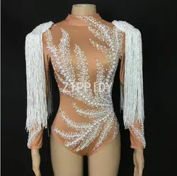 Bodysuit Women's Oufit Flashing Rhinestones Pearls Tassel Spandex Bodysuit Female Singer Dancer Costume Nightclub Party Show
