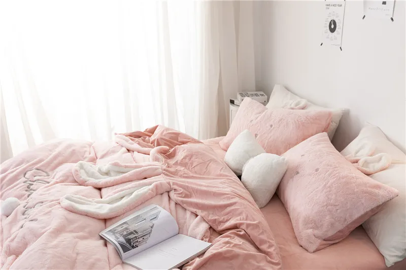 Розовый белый серый флис ткань зима толстый чистый цвет постельное белье набор норковая бархатная пододеяльник кровати застежки для простыни льняной чехол для подушки 4 шт