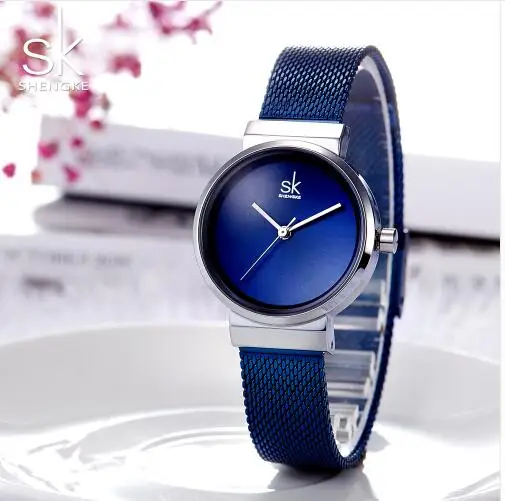 

2019 Shengke Luxury Stainless Steel Watches Women Blue Fashion Quartz Reloj Mujer SK Ladies Watches Christmas Gift skmei