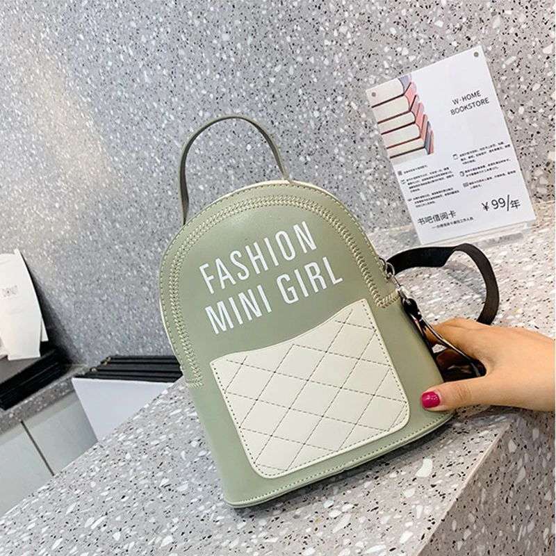 

letter design Women green Contrast color leather Backpack Mini Soft Touch Multi-Function Small Backpack Female Shoulder Bag