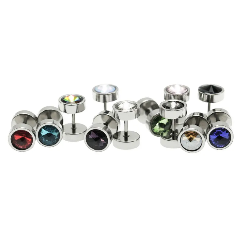 1pair fashion men's stud earrings barbell ear studs pendientes stainless steel crystal 12 colors 8mm anti-allergic punk jewelry 1