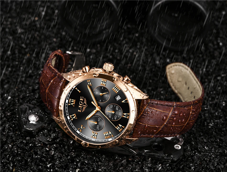Мужские часы, мужские часы с кожаными римскими цифрами, винтажный стиль, LIGE, кварцевые часы, мужские брендовые водонепроницаемые спортивные часы
