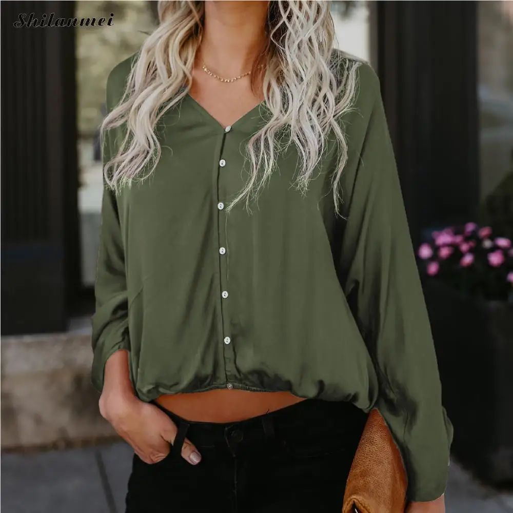Tanie Moda Damska Bluzka Lato Bluzki Przycięte Casual Damska Koszulka V Neck Z Długim Rękawem Armia Zielony Czarny Kobieta Blusas Odzież Xxl