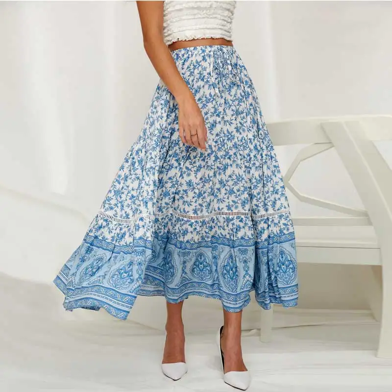 BOHO INSPIRED Blue print summer skirt elastic waist long skirt cut out