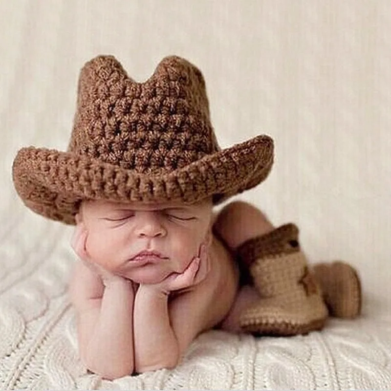 

Baby Cowboy Design Hats&Boots Crochet Knitted Baby Kids Photo Props Infant Newborn Shooting Props Costume Winter Caps