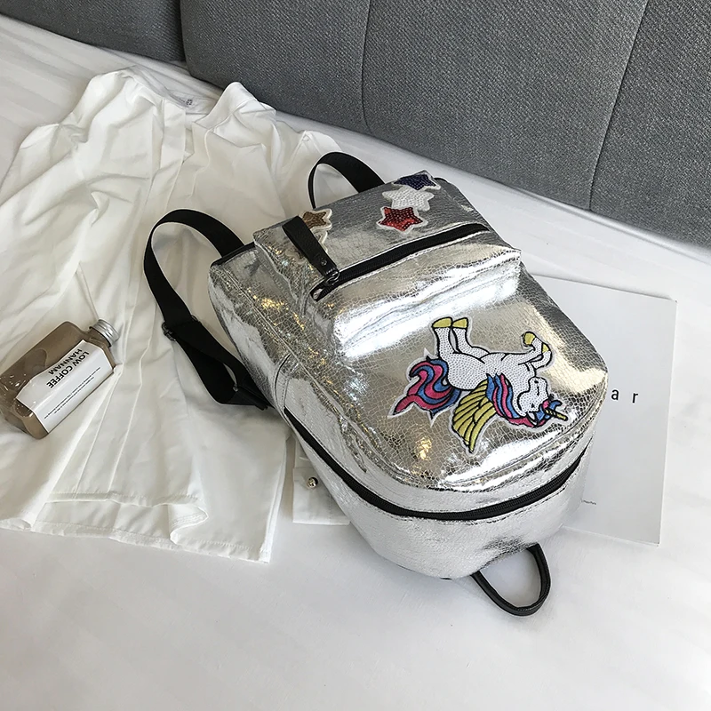 Милые вышивки мультфильм Единорог лазерной из искусственной кожи для девочек Женская сумка рюкзак Повседневное сумка для путешествий на