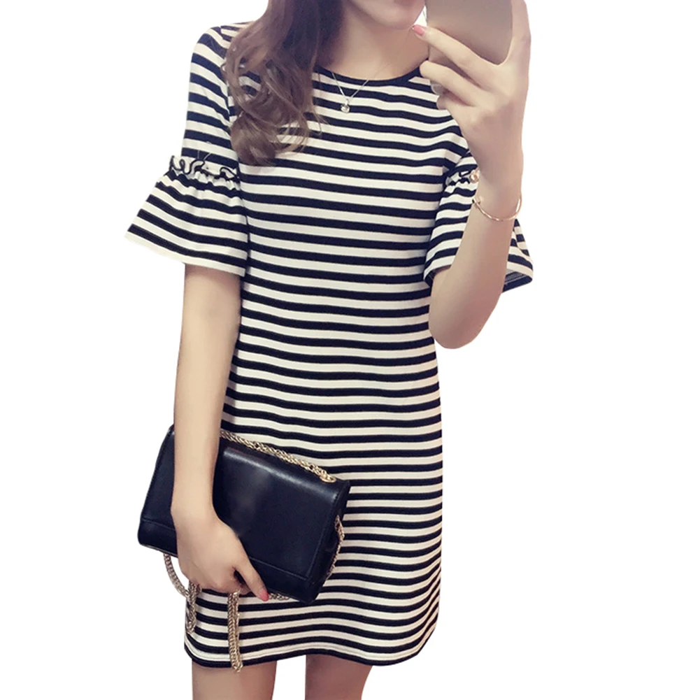 

Fashion Stripes Summer Women Round Neck Short Flare Sleeve Loose T-Shirt Dress